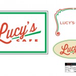 Lucy's Cafe logo, sticker, & neon sign for the television series, 'King & Maxwell (Season 1)'